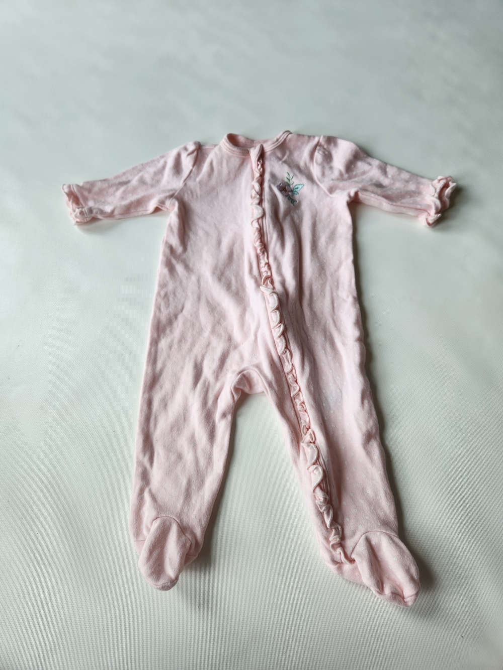Little Me Pale Pink Ruffle-Front Footed One-Piece With Floral Design Polka Dots